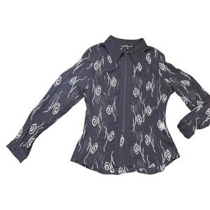 Dina Bar-El Womens Black Sheer Abstract Rose Zip Front Blouse Top Size M